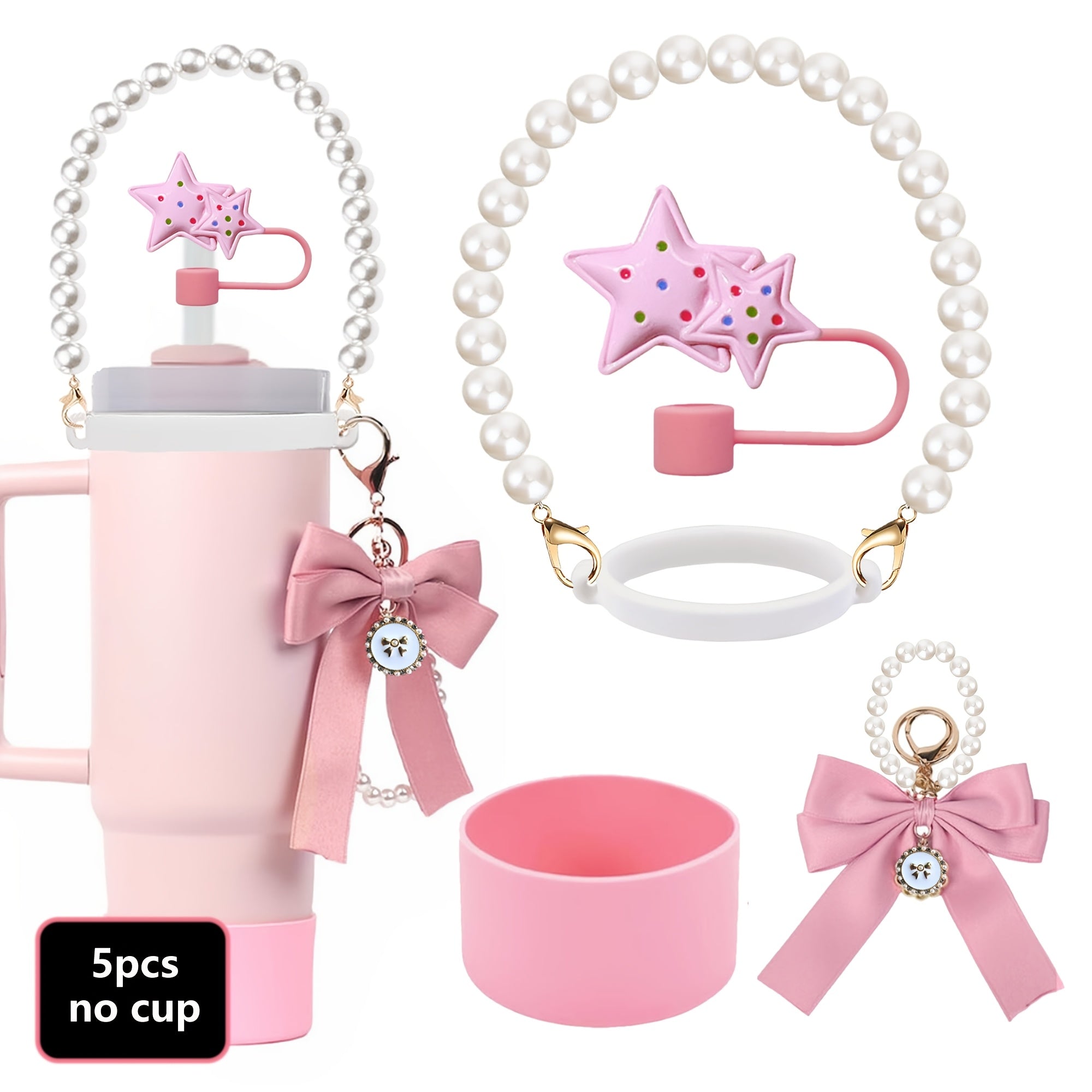 5pcs Tumbler Accessory Kit: Pearl Strap, Bow Keychain, Silicone Boot & Star Straw Cover - Compatible with 40oz & 30oz ST Cups - For Tumbler Enthusiasts - Perfect Gift for Birthdays & Holidays
